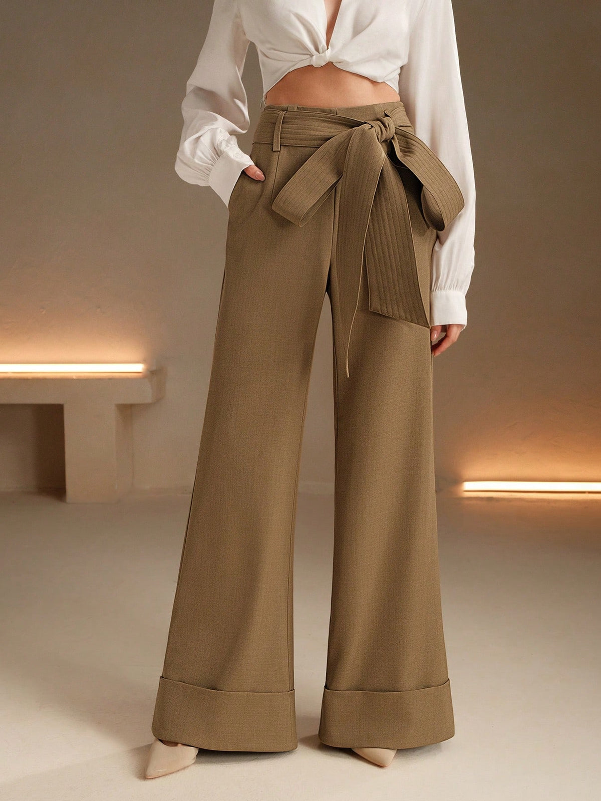 Anewsta Fashionable High Waist Wide Leg Pants With Belt Decor