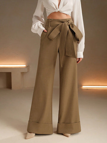 Anewsta Fashionable High Waist Wide Leg Pants With Belt Decor