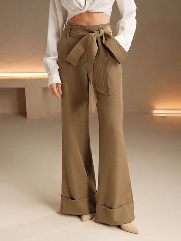 Anewsta Fashionable High Waist Wide Leg Pants With Belt Decor