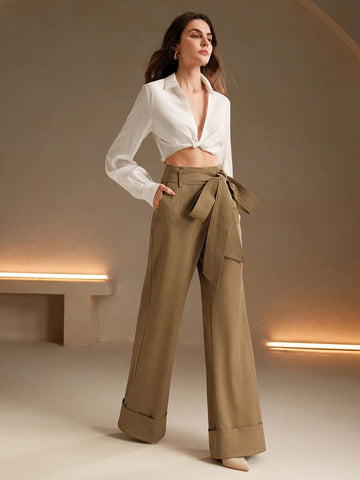 Anewsta Fashionable High Waist Wide Leg Pants With Belt Decor