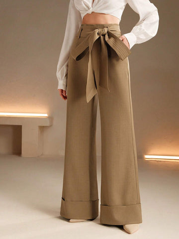 Anewsta Fashionable High Waist Wide Leg Pants With Belt Decor