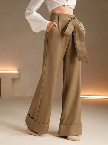 Anewsta Fashionable High Waist Wide Leg Pants With Belt Decor