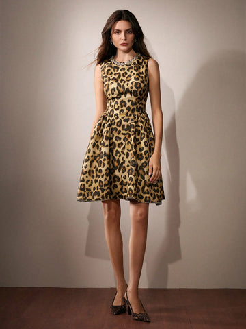 Anewsta Fashionable Leopard Print Rhinestone Decor Crew Neck Ruched A-Line Skirt, Slim Fit