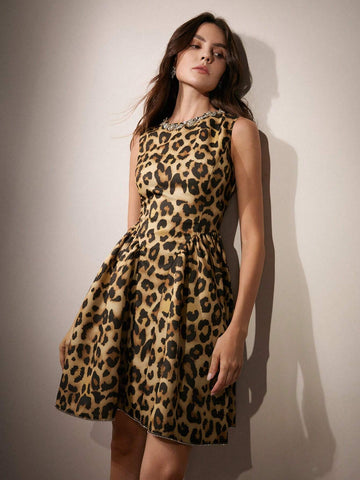 Anewsta Fashionable Leopard Print Rhinestone Decor Crew Neck Ruched A-Line Skirt, Slim Fit