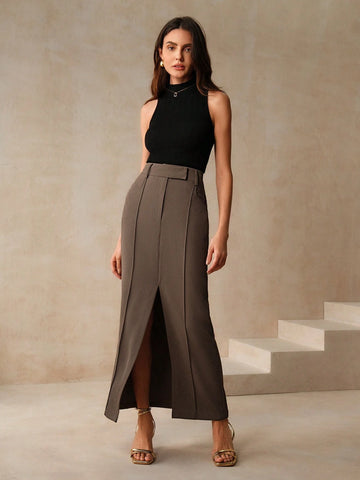 Anewsta Fashionable Military Green Slim Woven Skirt For Women's Careers