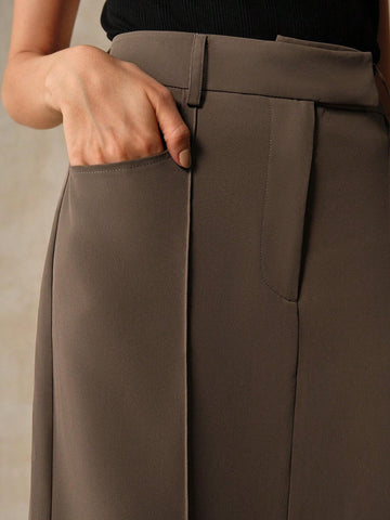 Anewsta Fashionable Military Green Slim Woven Skirt For Women's Careers