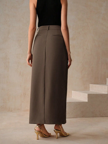 Anewsta Fashionable Military Green Slim Woven Skirt For Women's Careers