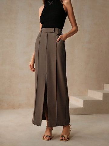 Anewsta Fashionable Military Green Slim Woven Skirt For Women's Careers