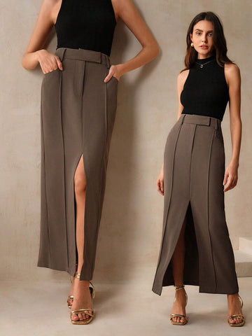 Anewsta Fashionable Military Green Slim Woven Skirt For Women's Careers