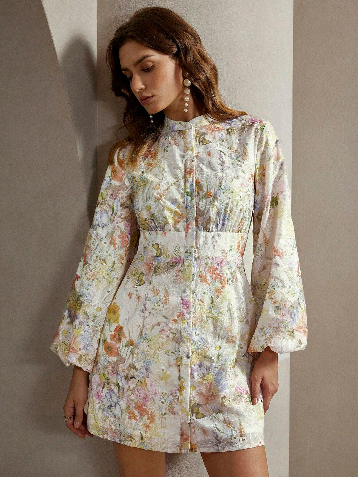 Anewsta Floral All-Over Print Front Button Long Sleeve Casual Dress, For Everyday Wear