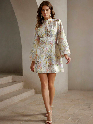 Anewsta Floral All-Over Print Front Button Long Sleeve Casual Dress, For Everyday Wear