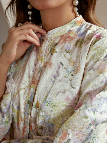 Anewsta Floral All-Over Print Front Button Long Sleeve Casual Dress, For Everyday Wear