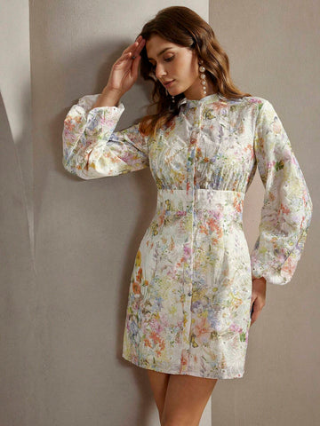 Anewsta Floral All-Over Print Front Button Long Sleeve Casual Dress, For Everyday Wear