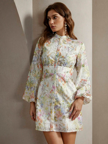 Anewsta Floral All-Over Print Front Button Long Sleeve Casual Dress, For Everyday Wear