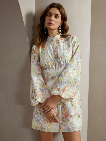 Anewsta Floral All-Over Print Front Button Long Sleeve Casual Dress, For Everyday Wear