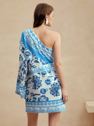Anewsta Floral Print Short One Shoulder Dress