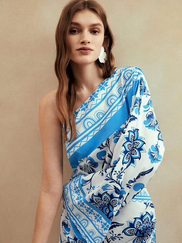 Anewsta Floral Print Short One Shoulder Dress