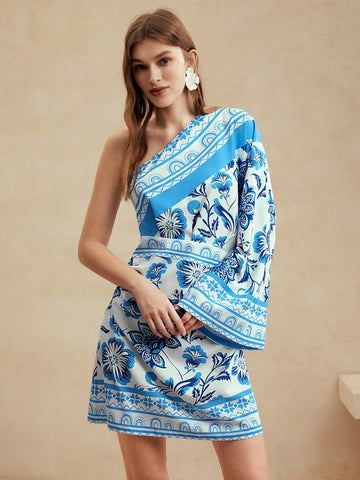 Anewsta Floral Print Short One Shoulder Dress