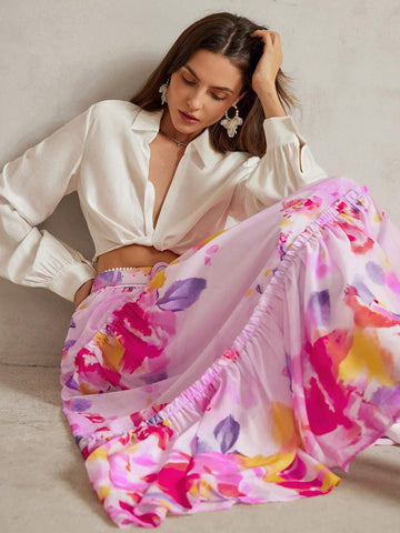 Anewsta Floral Printed Pleated A-Line Midi Skirt For Casual/Vacation