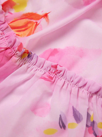 Anewsta Floral Printed Pleated A-Line Midi Skirt For Casual/Vacation