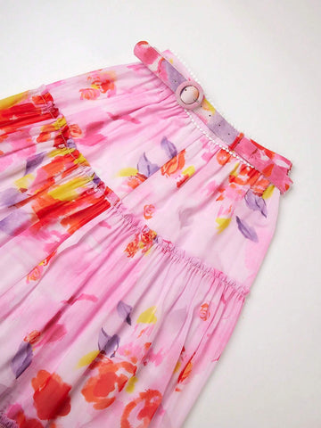 Anewsta Floral Printed Pleated A-Line Midi Skirt For Casual/Vacation