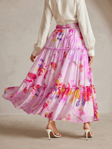 Anewsta Floral Printed Pleated A-Line Midi Skirt For Casual/Vacation