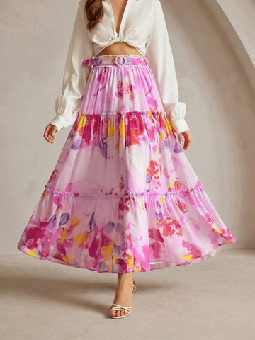 Anewsta Floral Printed Pleated A-Line Midi Skirt For Casual/Vacation