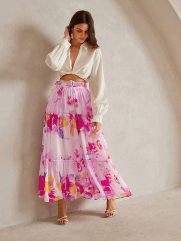 Anewsta Floral Printed Pleated A-Line Midi Skirt For Casual/Vacation