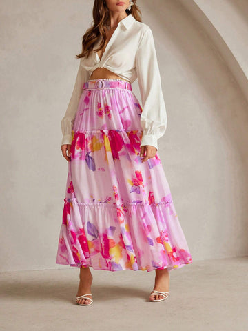 Anewsta Floral Printed Pleated A-Line Midi Skirt For Casual/Vacation