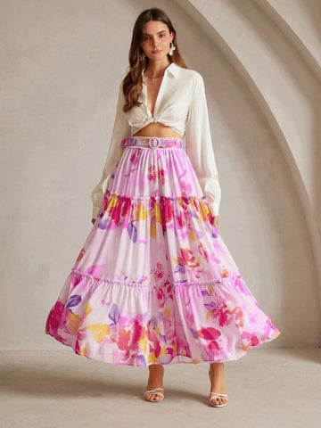 Anewsta Floral Printed Pleated A-Line Midi Skirt For Casual/Vacation