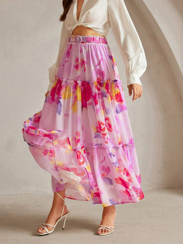 Anewsta Floral Printed Pleated A-Line Midi Skirt For Casual/Vacation