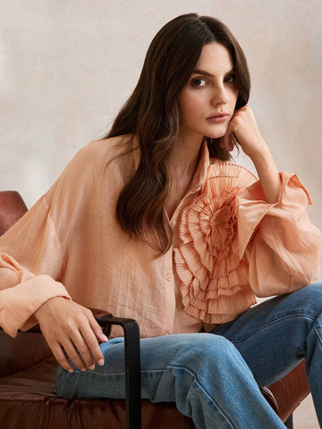 Anewsta Flower Embellished Single-Breasted Solid Color Long Sleeve Shirt