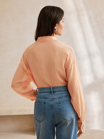 Anewsta Flower Embellished Single-Breasted Solid Color Long Sleeve Shirt