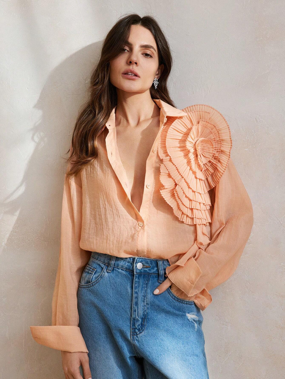 Anewsta Flower Embellished Single-Breasted Solid Color Long Sleeve Shirt