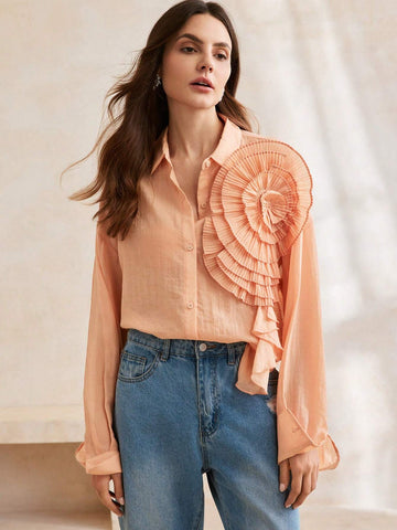 Anewsta Flower Embellished Single-Breasted Solid Color Long Sleeve Shirt