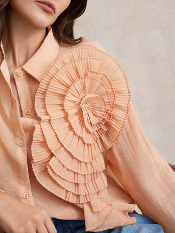 Anewsta Flower Embellished Single-Breasted Solid Color Long Sleeve Shirt