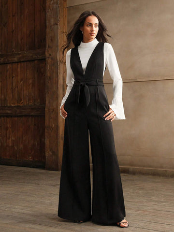 Anewsta French Elegant Sleeveless Deep V Backless Cami Top And High Waisted Wide Leg Pants Set