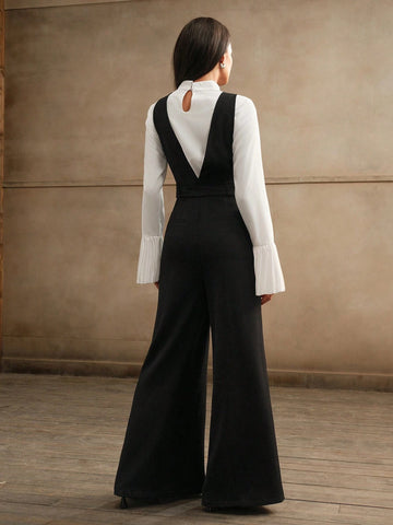 Anewsta French Elegant Sleeveless Deep V Backless Cami Top And High Waisted Wide Leg Pants Set