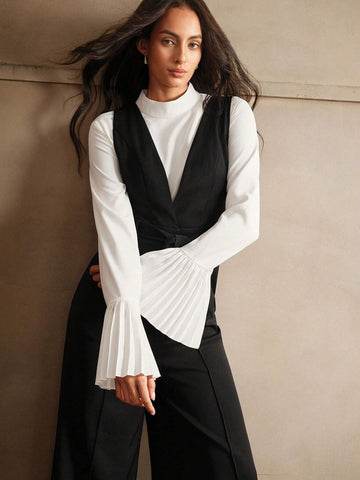 Anewsta French Elegant Sleeveless Deep V Backless Cami Top And High Waisted Wide Leg Pants Set