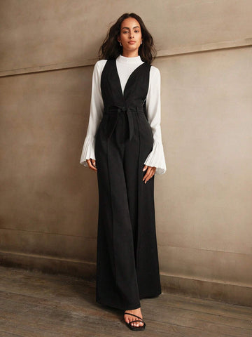 Anewsta French Elegant Sleeveless Deep V Backless Cami Top And High Waisted Wide Leg Pants Set