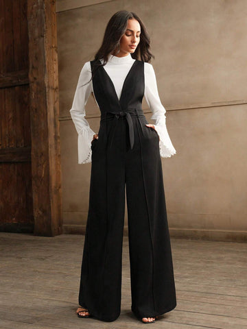 Anewsta French Elegant Sleeveless Deep V Backless Cami Top And High Waisted Wide Leg Pants Set