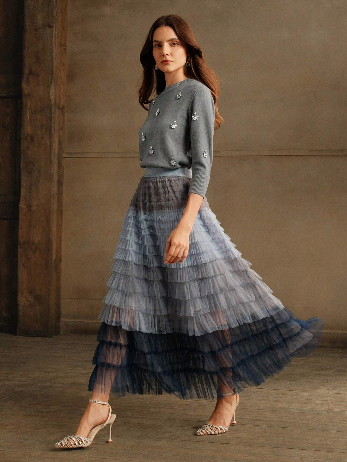 Anewsta Gradient Mesh Patchwork Cake Skirt Tulle Skirt For Women, For Party & Daily Wear