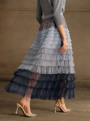 Anewsta Gradient Mesh Patchwork Cake Skirt Tulle Skirt For Women, For Party & Daily Wear