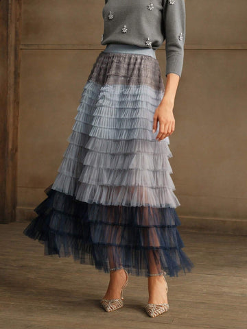 Anewsta Gradient Mesh Patchwork Cake Skirt Tulle Skirt For Women, For Party & Daily Wear