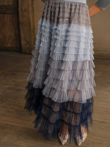 Anewsta Gradient Mesh Patchwork Cake Skirt Tulle Skirt For Women, For Party & Daily Wear