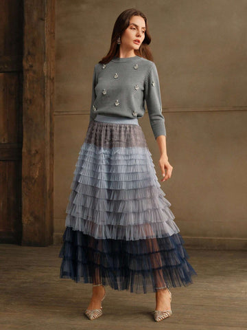 Anewsta Gradient Mesh Patchwork Cake Skirt Tulle Skirt For Women, For Party & Daily Wear