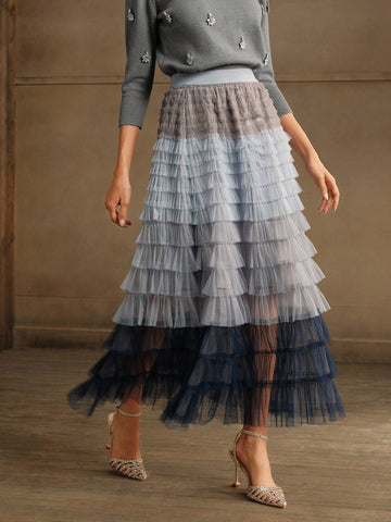 Anewsta Gradient Mesh Patchwork Cake Skirt Tulle Skirt For Women, For Party & Daily Wear