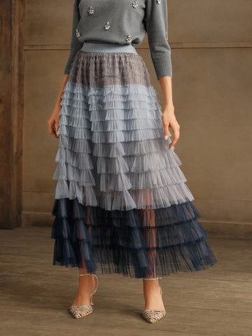 Anewsta Gradient Mesh Patchwork Cake Skirt Tulle Skirt For Women, For Party & Daily Wear