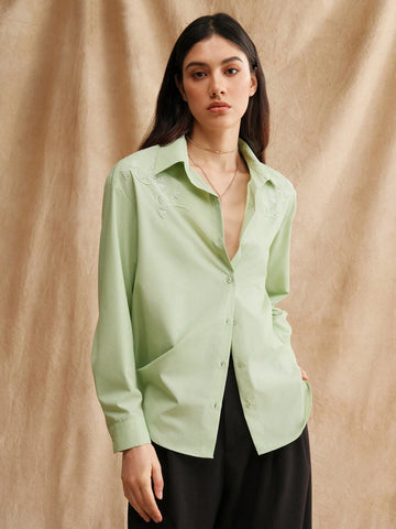 Anewsta Green Beaded Embroidery 3D Flower Women's City Shirt