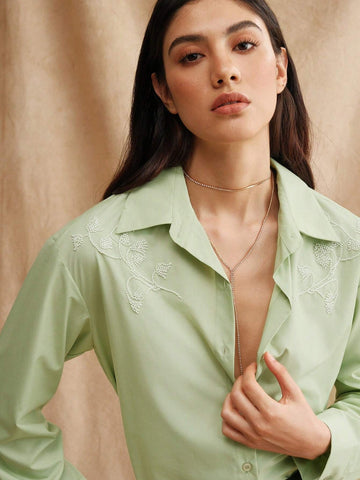 Anewsta Green Beaded Embroidery 3D Flower Women's City Shirt